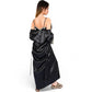 Satin Long Robe and Lace Trim Nightgown Set- Black,Small