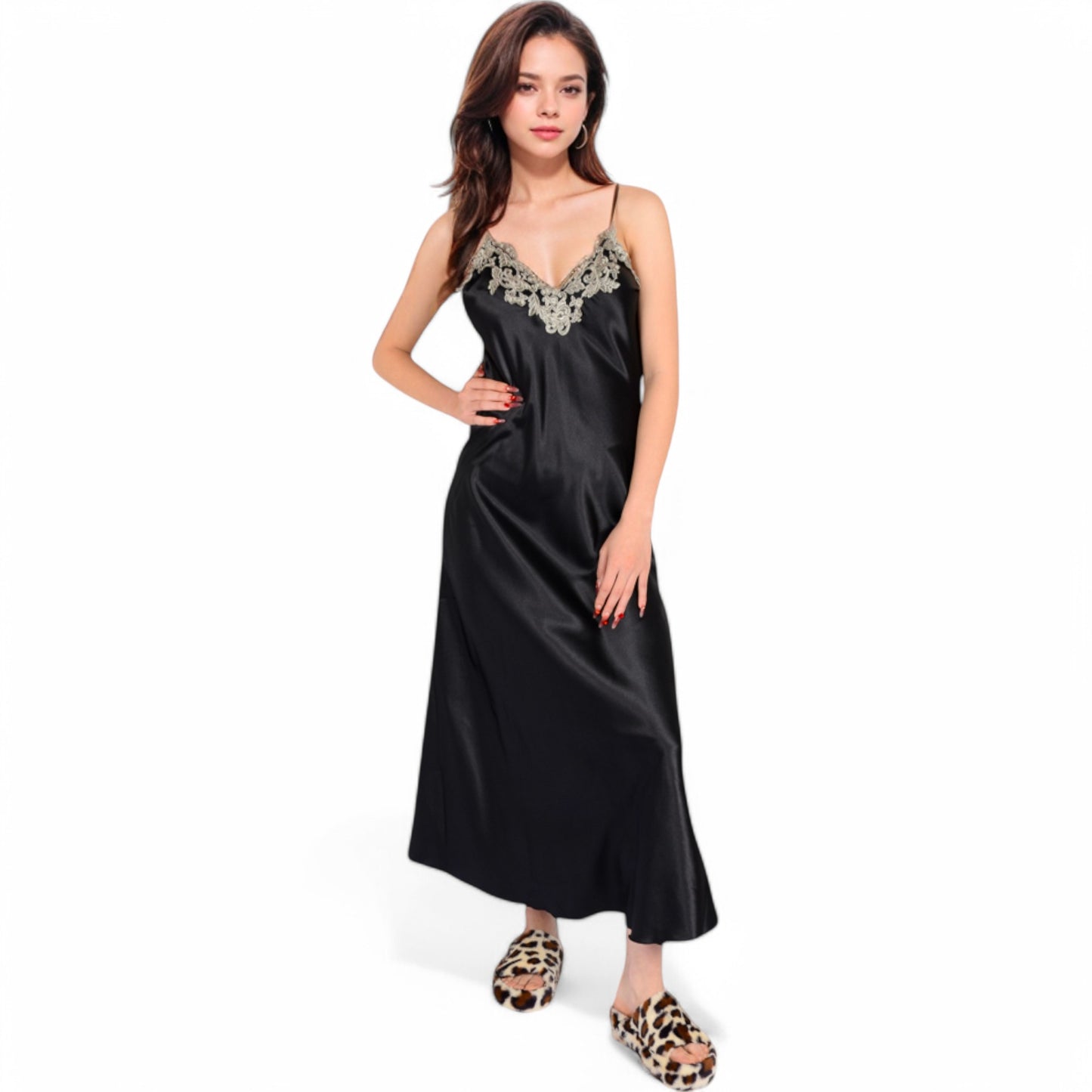 Satin Long Robe and Lace Trim Nightgown Set- Black,Small