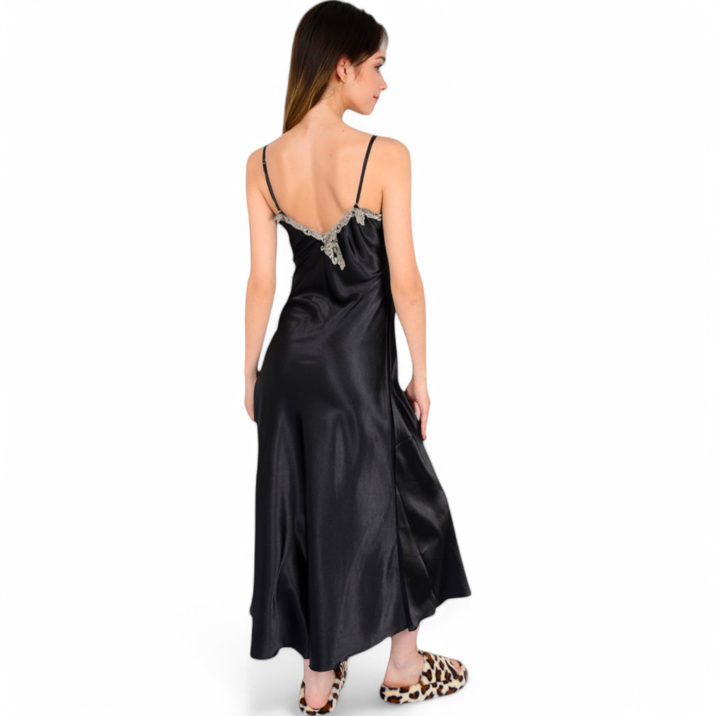 Satin Long Robe and Lace Trim Nightgown Set- Black,Small