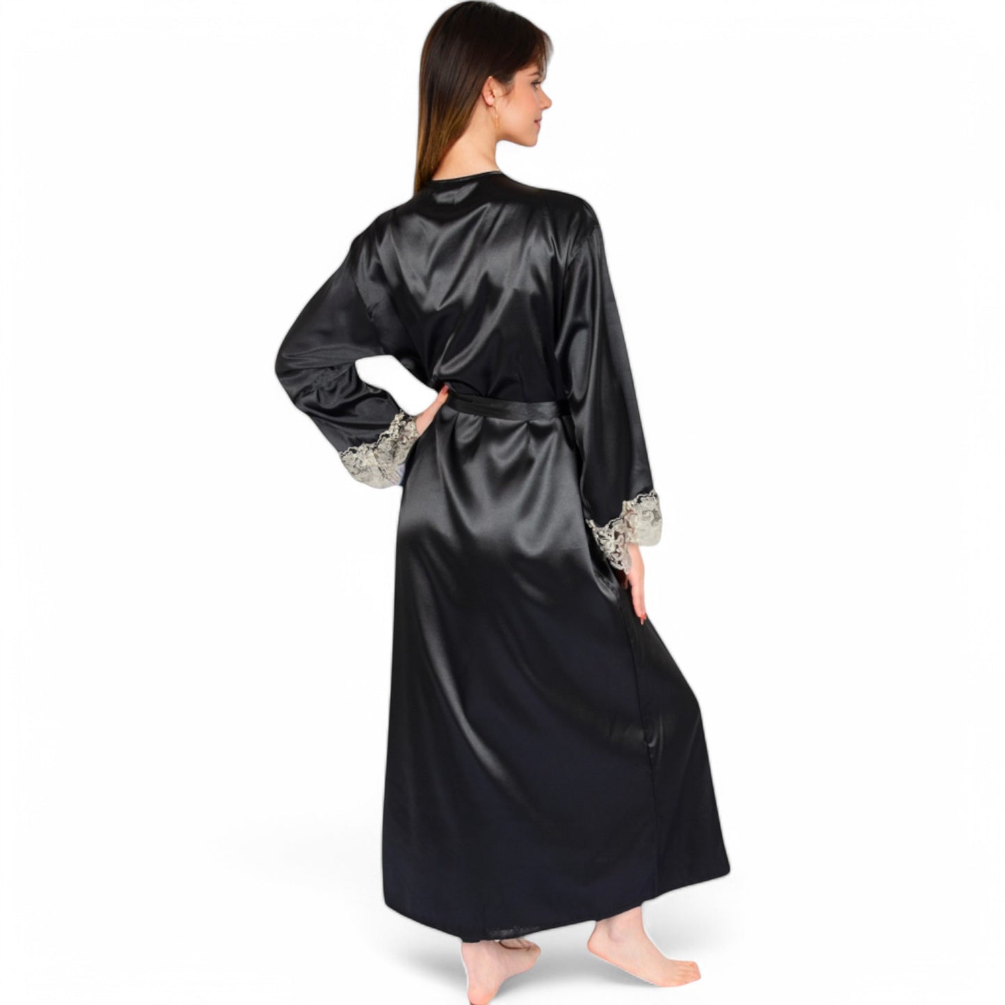 Satin Long Robe and Lace Trim Nightgown Set- Black,Small
