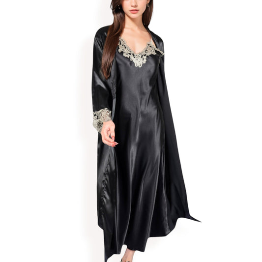 Satin Long Robe and Lace Trim Nightgown Set- Black,Small