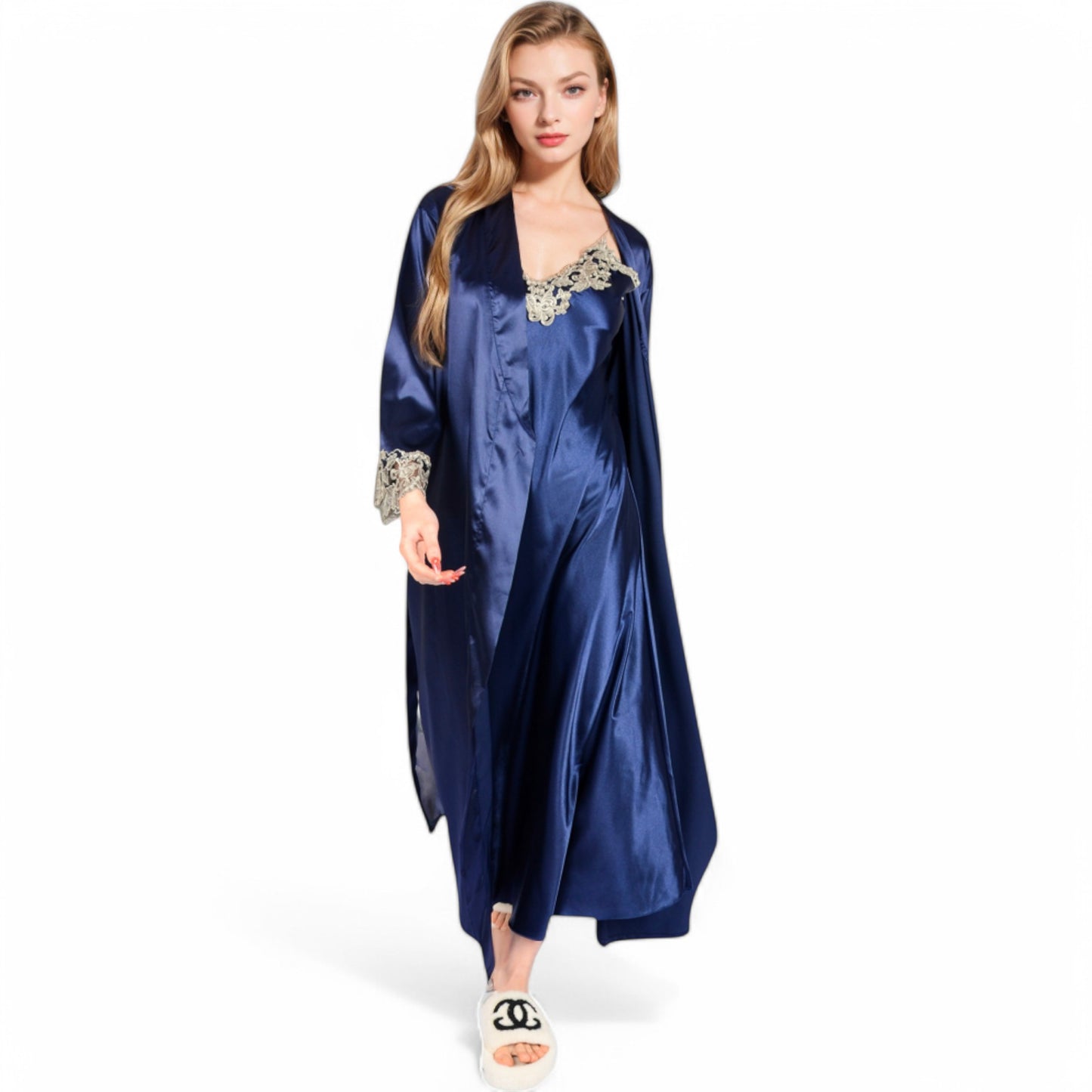 Satin Long Robe and Lace Trim Nightgown Set- Black,Small
