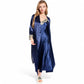 Satin Long Robe and Lace Trim Nightgown Set- Black,Small