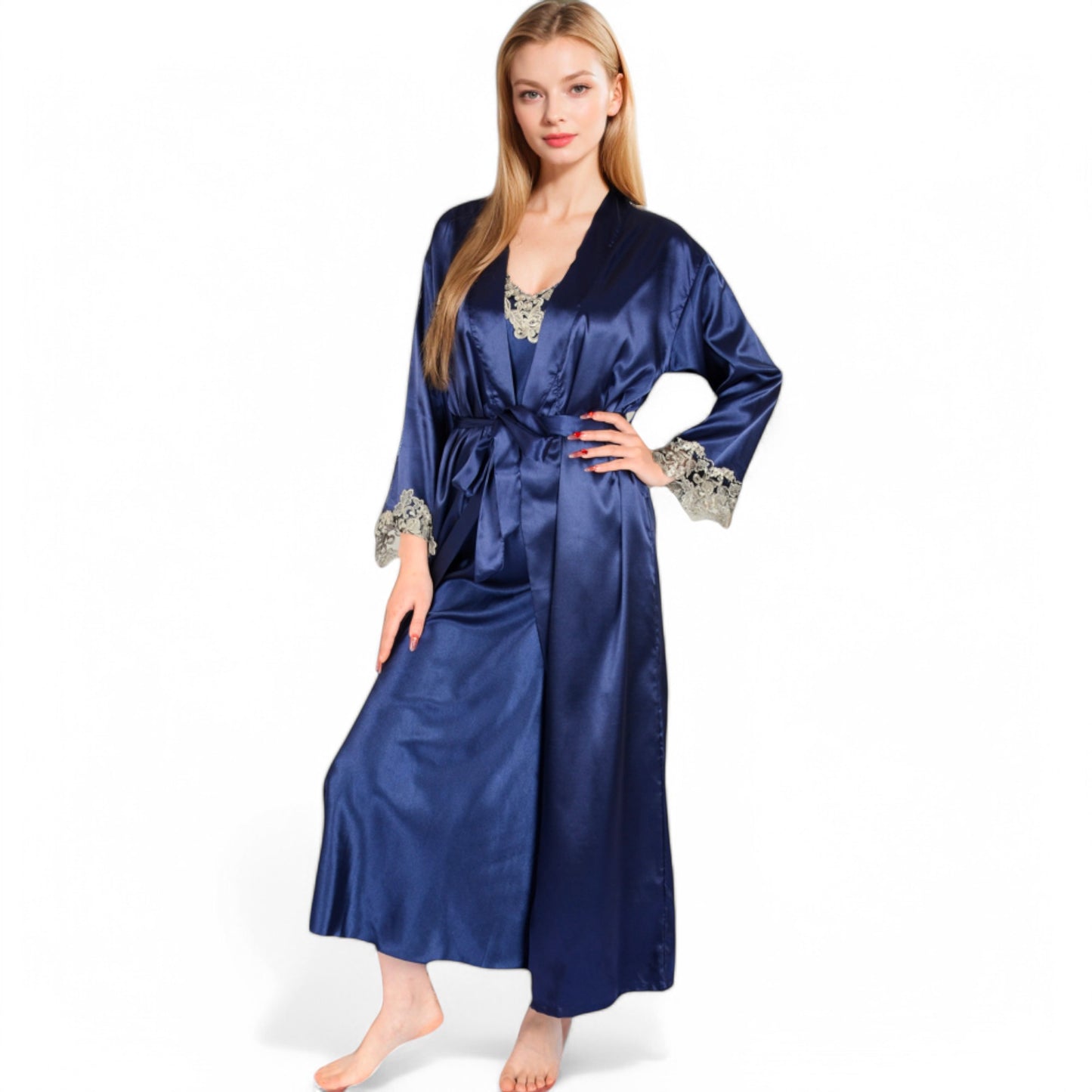 Satin Long Robe and Lace Trim Nightgown Set- Black,Small