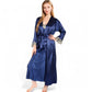 Satin Long Robe and Lace Trim Nightgown Set- Black,Small