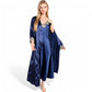 Satin Long Robe and Lace Trim Nightgown Set- Black,Small