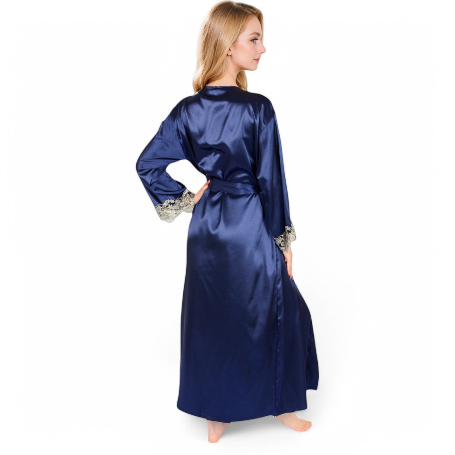Satin Long Robe and Lace Trim Nightgown Set- Black,Small