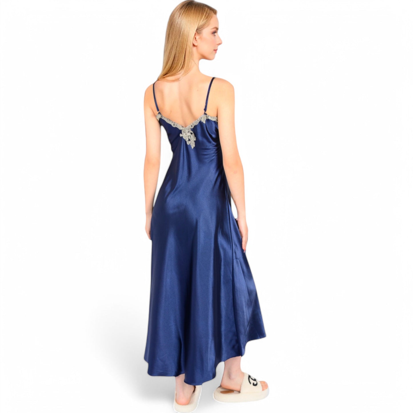 Satin Long Robe and Lace Trim Nightgown Set- Black,Small