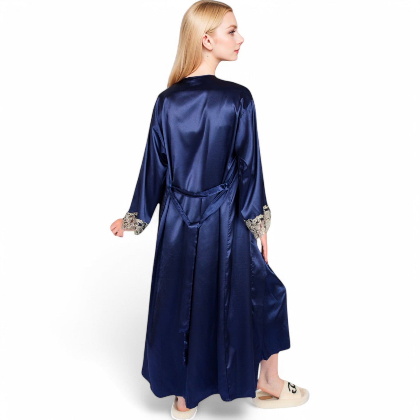 Satin Long Robe and Lace Trim Nightgown Set- Black,Small