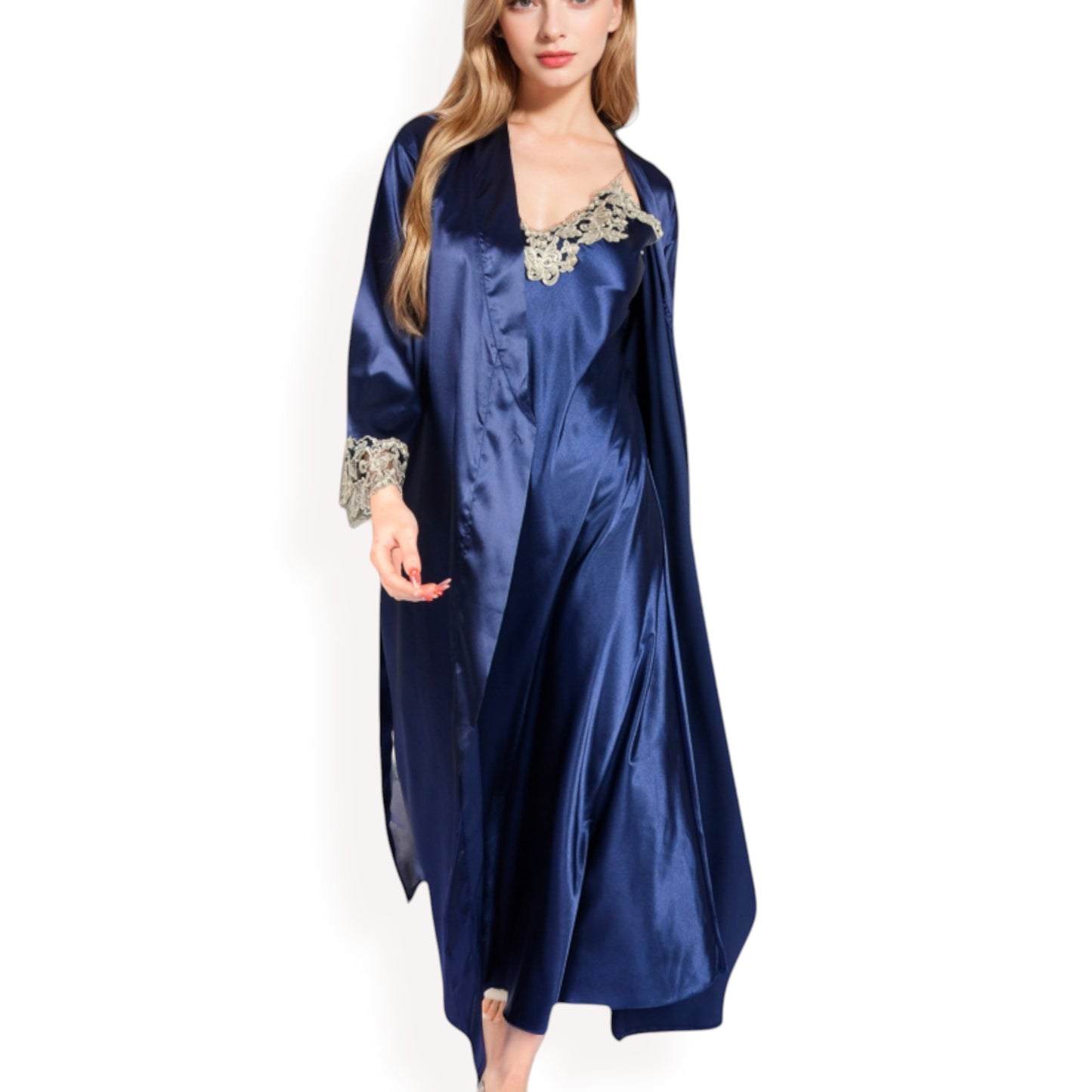 Satin Long Robe and Lace Trim Nightgown Set- Black,Small