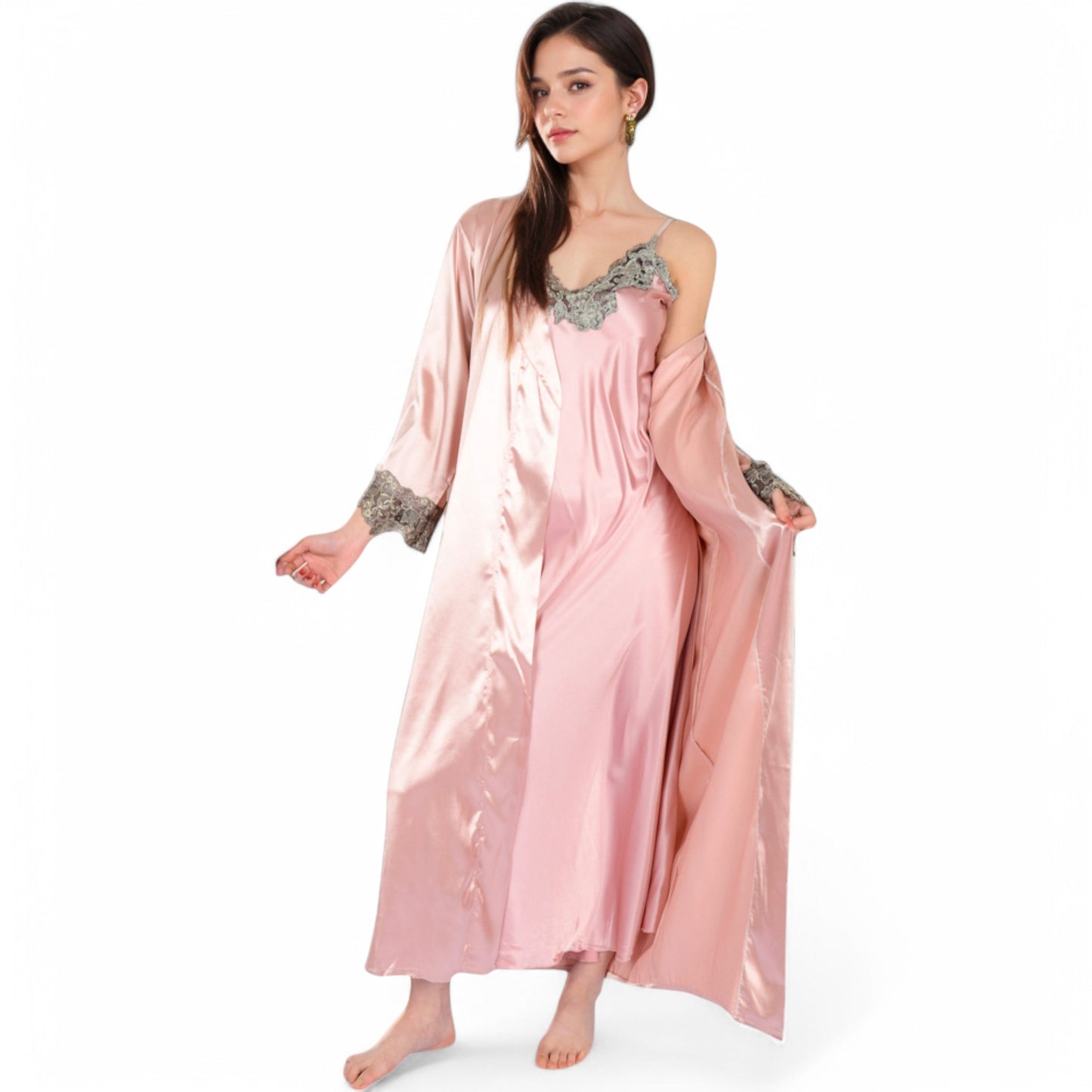 Satin Long Robe and Lace Trim Nightgown Set- Black,Small