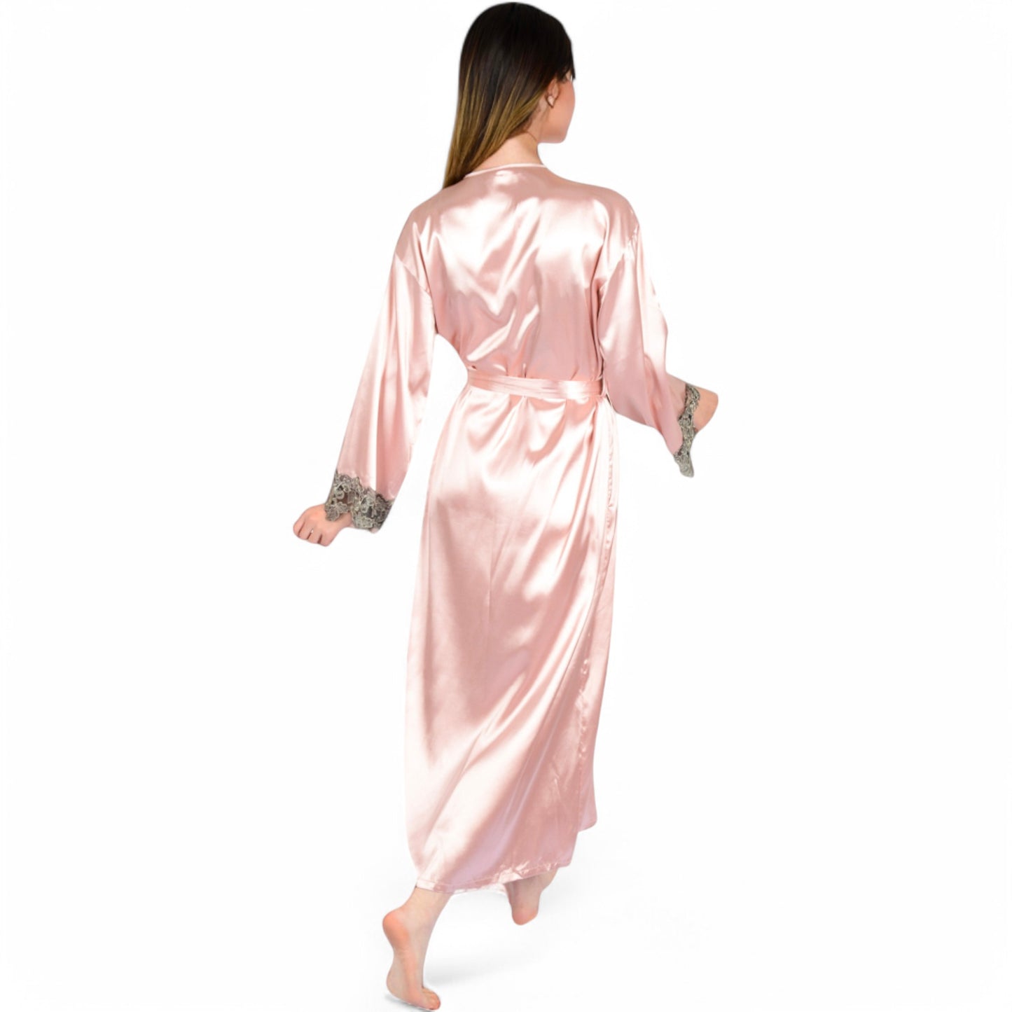 Satin Long Robe and Lace Trim Nightgown Set- Black,Small
