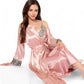 Satin Long Robe and Lace Trim Nightgown Set- Black,Small