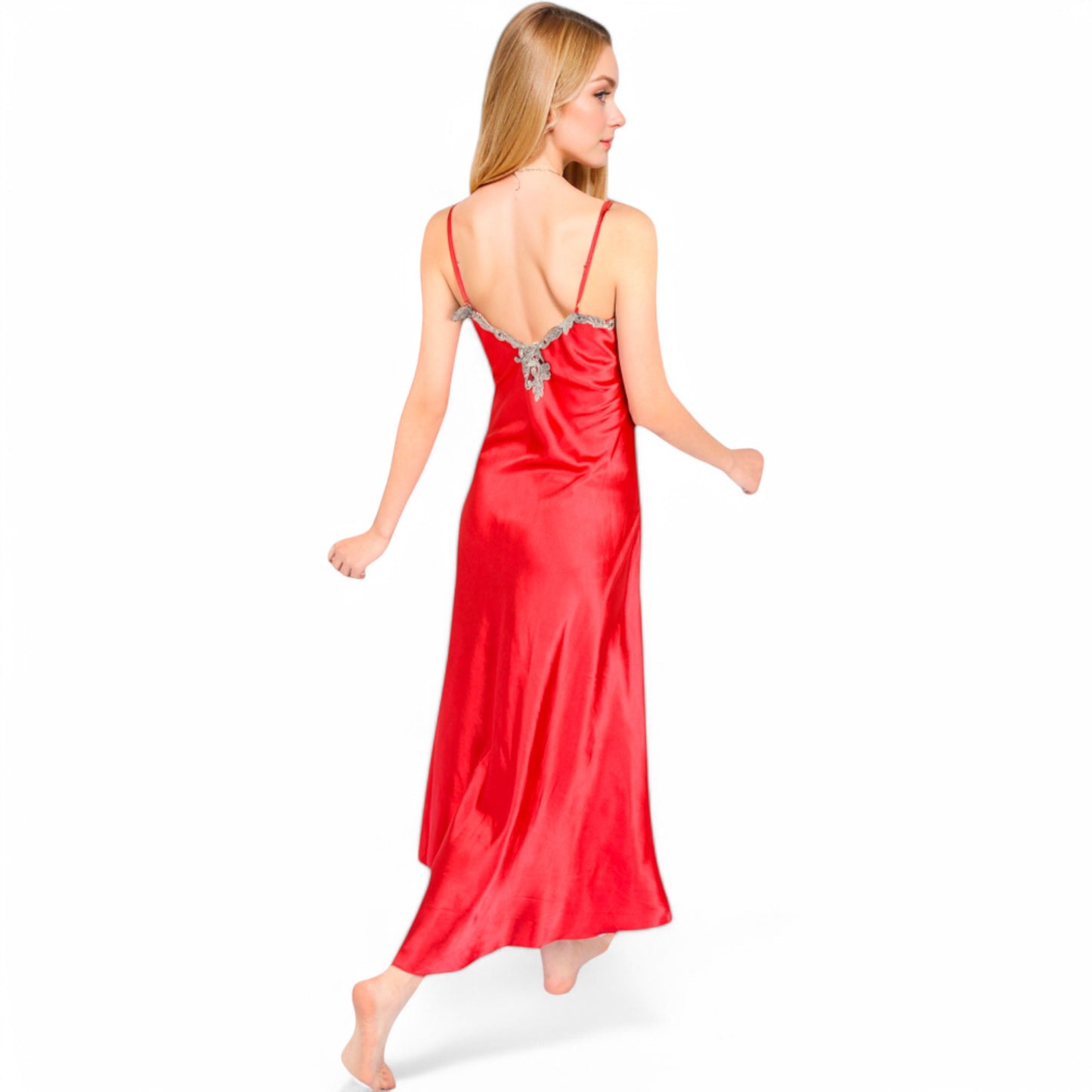 Satin Long Robe and Lace Trim Nightgown Set- Black,Small