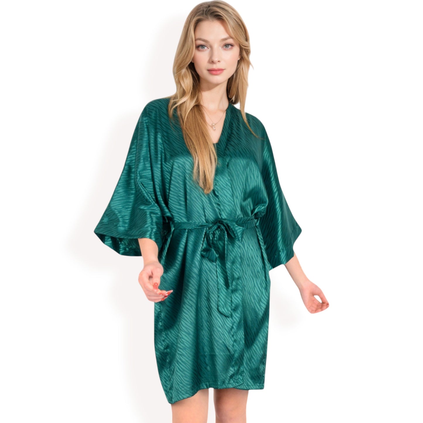 Satin Duster Robe with Tie Waist and Wide Sleeves- Dark Olive,Small