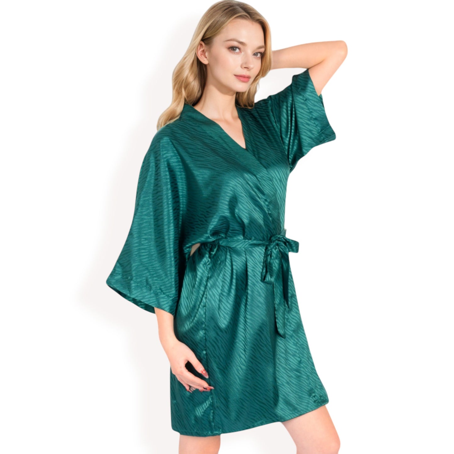 Satin Duster Robe with Tie Waist and Wide Sleeves- Dark Olive,Small