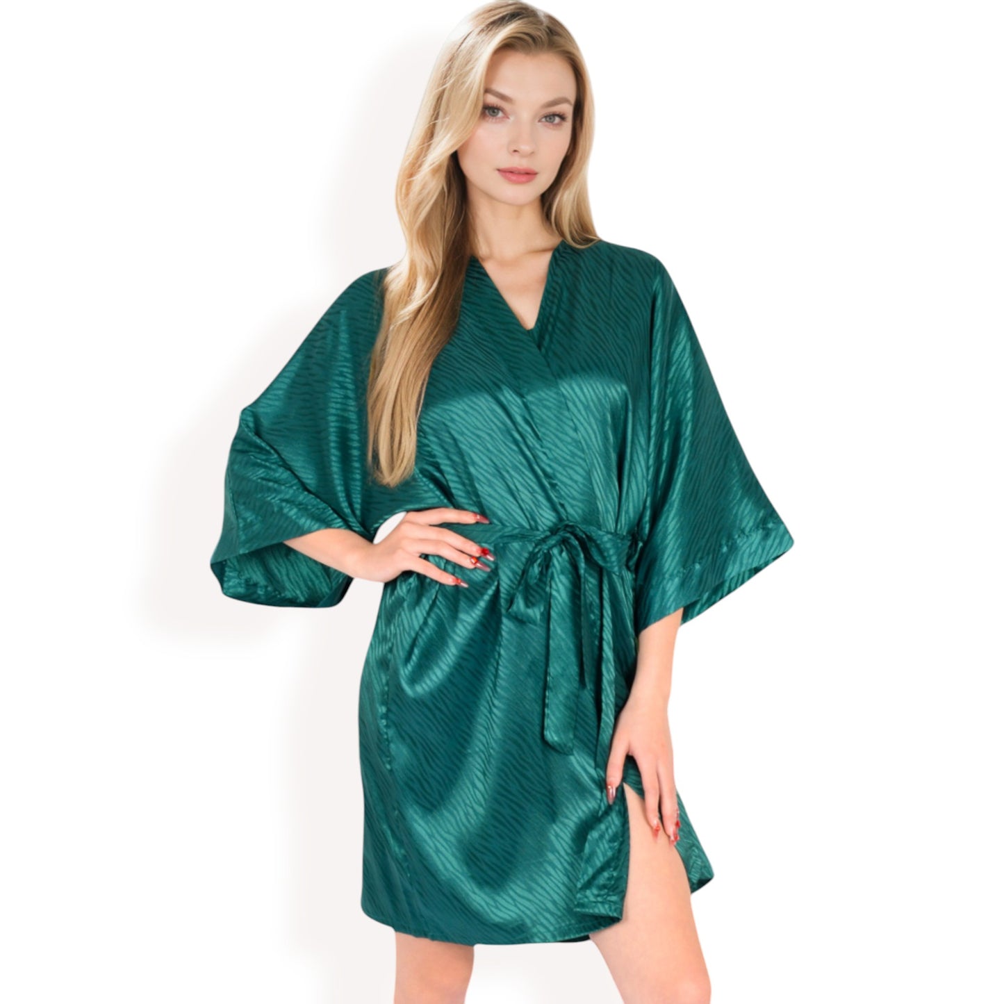 Satin Duster Robe with Tie Waist and Wide Sleeves- Dark Olive,Small