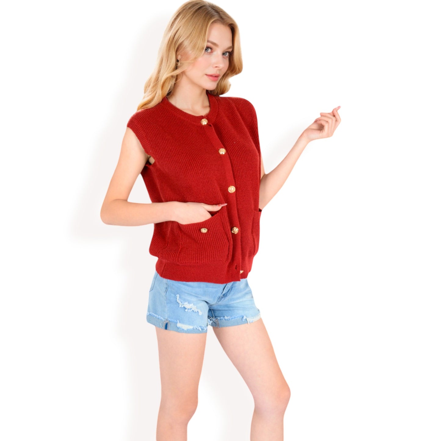 Sleeveless Knit Cardigan Vest with Button Front and Pocket Detail