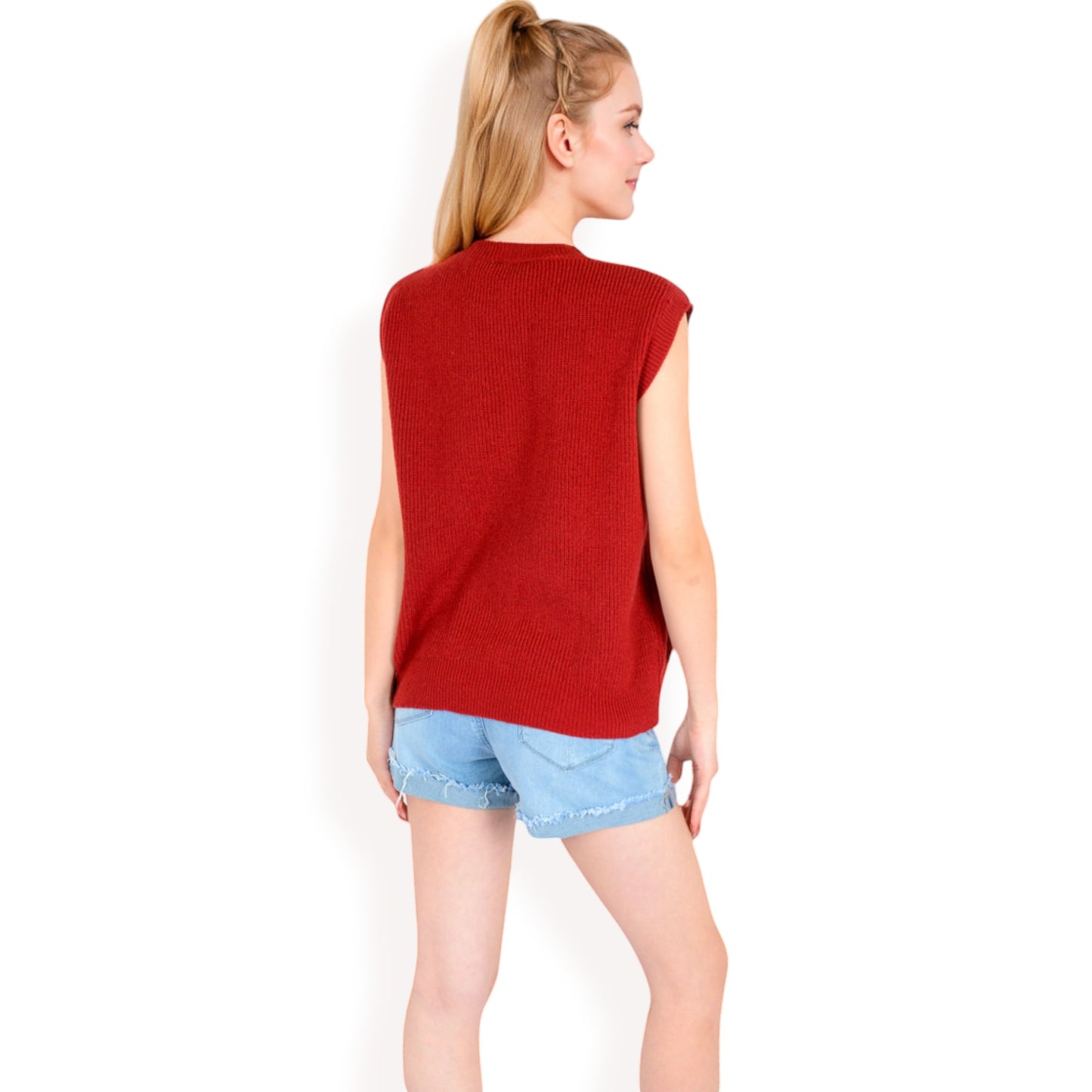 Sleeveless Knit Cardigan Vest with Button Front and Pocket Detail