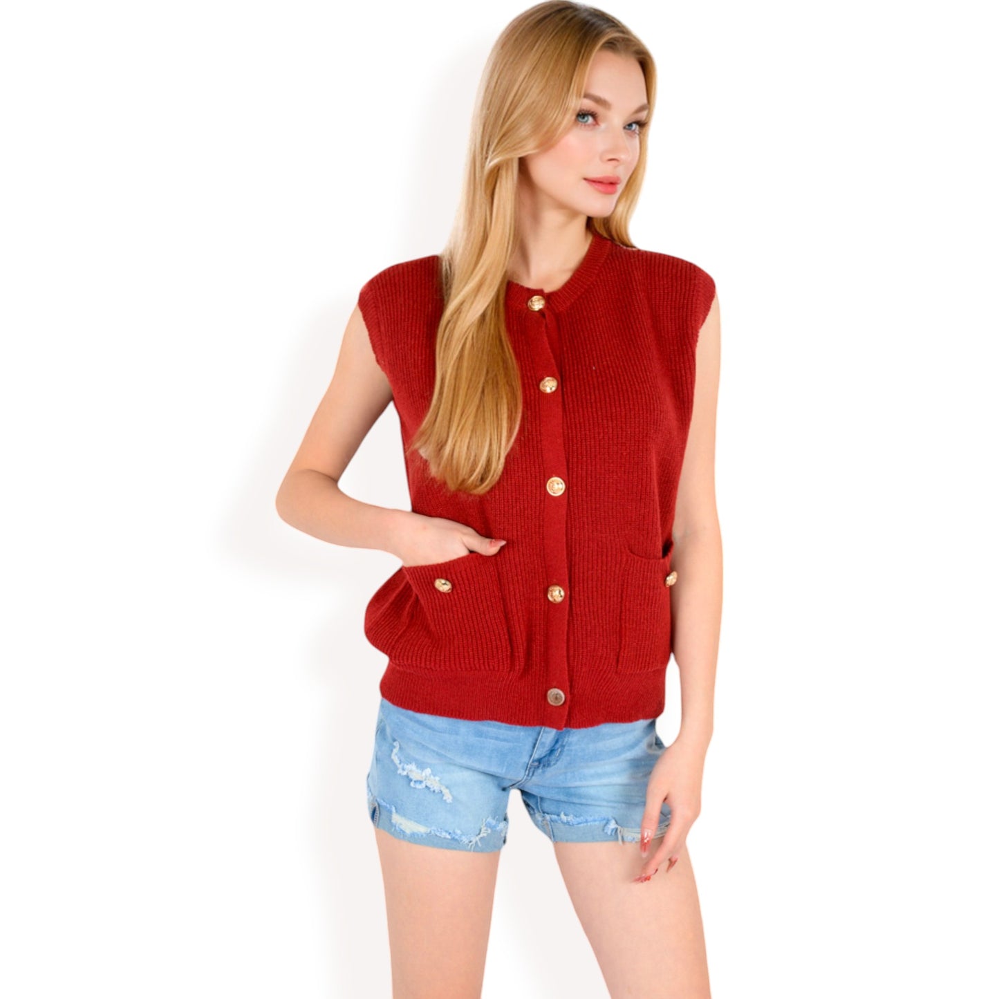 Sleeveless Knit Cardigan Vest with Button Front and Pocket Detail