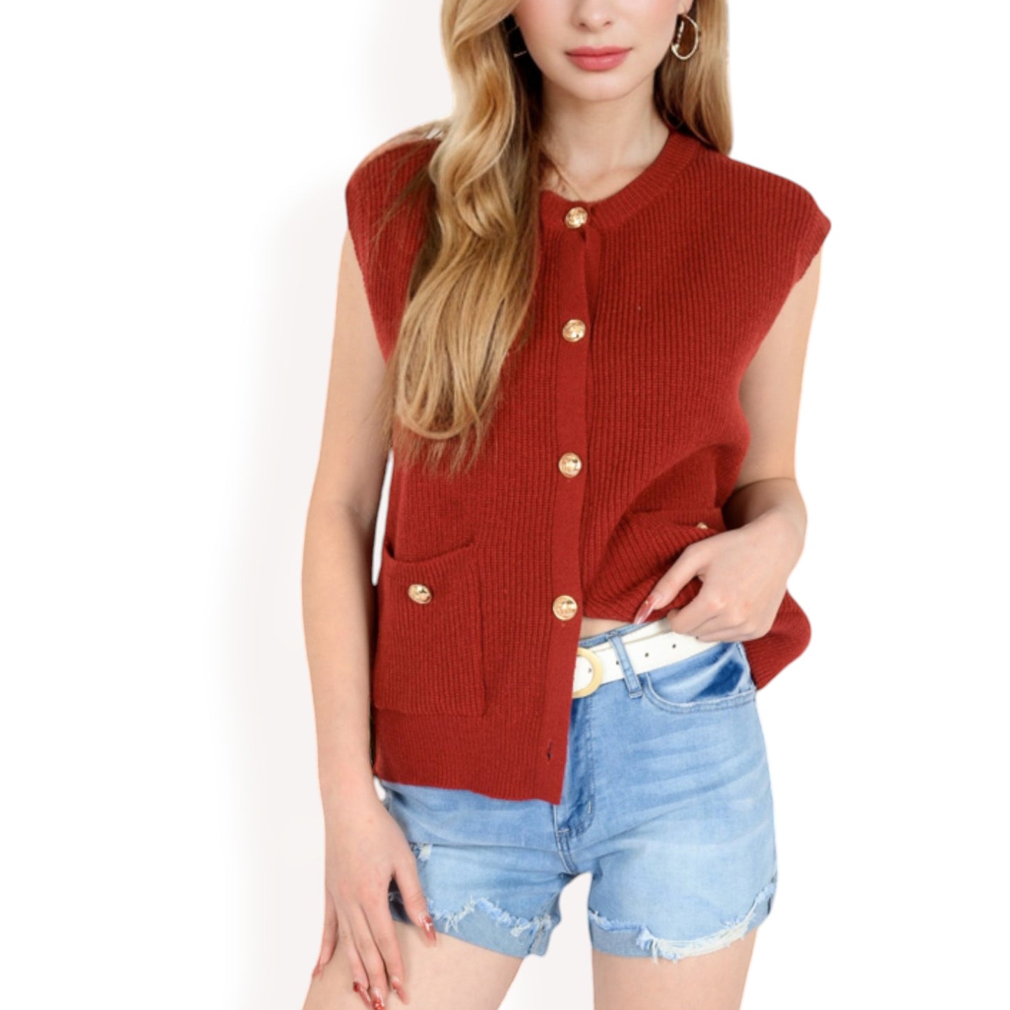 Sleeveless Knit Cardigan Vest with Button Front and Pocket Detail