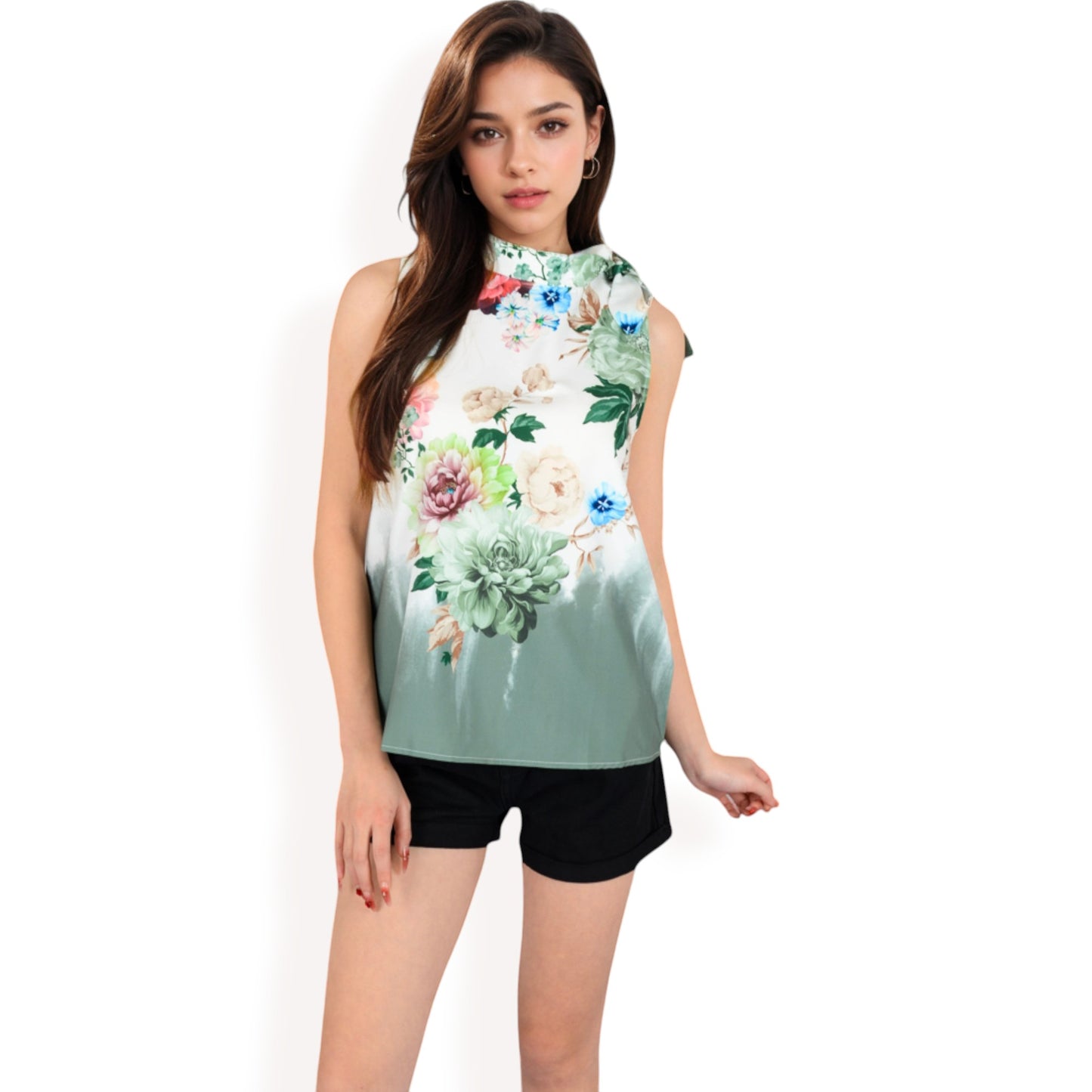 Floral Print High Neck Blouse with Side Bow Tie Detail