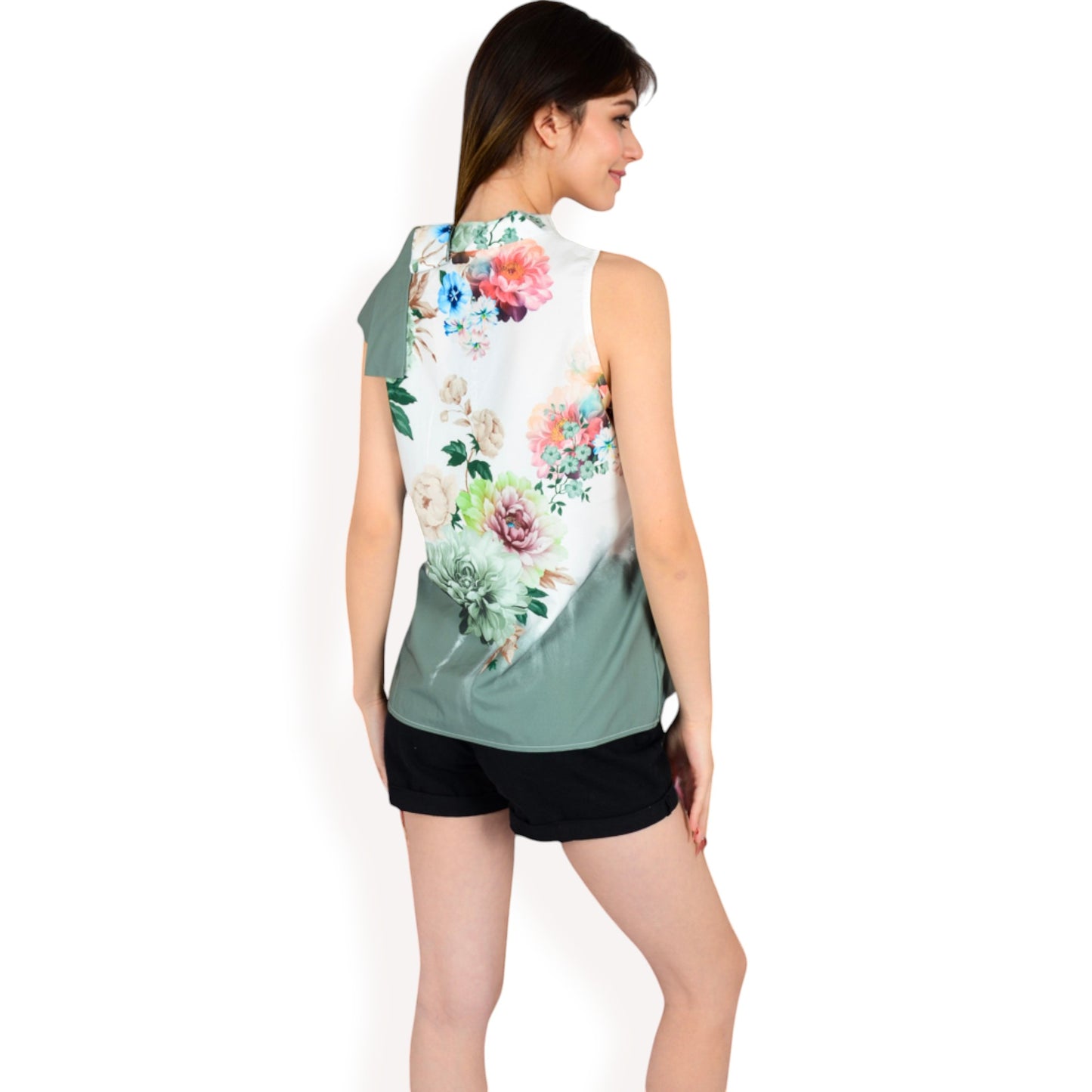 Floral Print High Neck Blouse with Side Bow Tie Detail