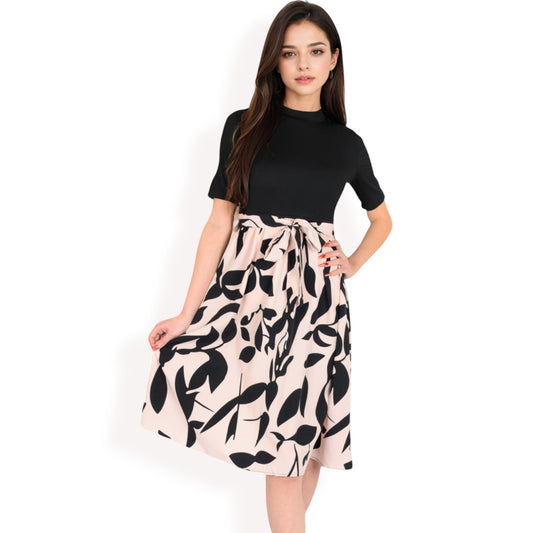 High Neck Short Sleeve Dress with Contrast Leaf Print A-Line Skirt and Tie Waist