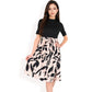 High Neck Short Sleeve Dress with Contrast Leaf Print A-Line Skirt and Tie Waist