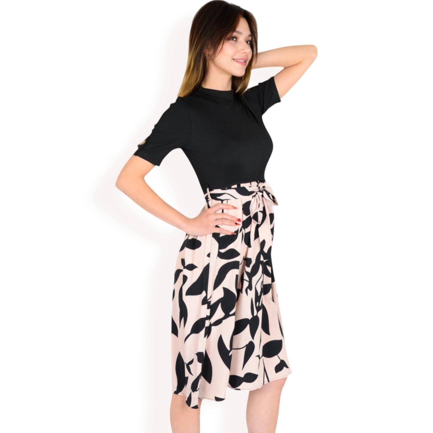 High Neck Short Sleeve Dress with Contrast Leaf Print A-Line Skirt and Tie Waist
