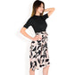High Neck Short Sleeve Dress with Contrast Leaf Print A-Line Skirt and Tie Waist