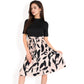 High Neck Short Sleeve Dress with Contrast Leaf Print A-Line Skirt and Tie Waist