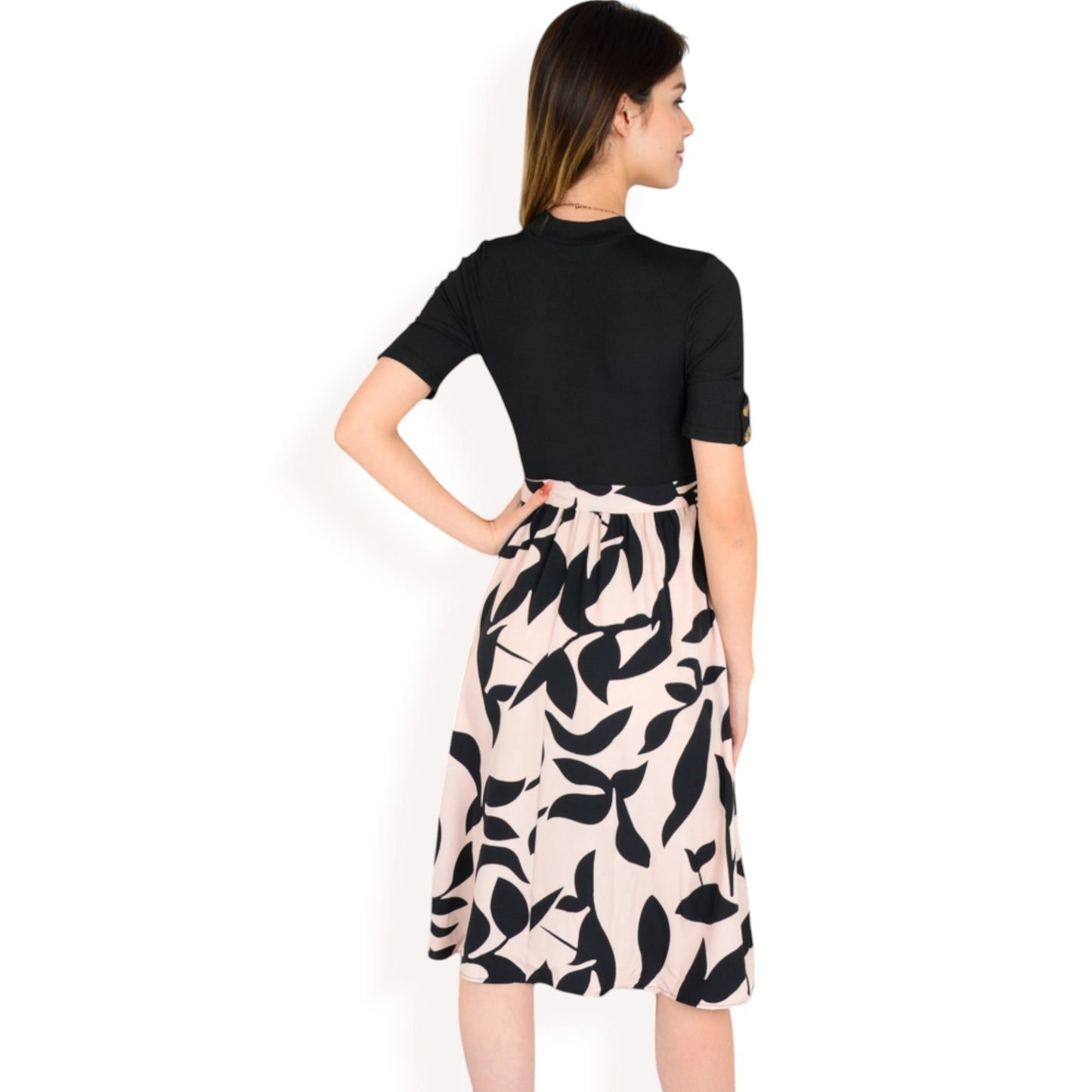 High Neck Short Sleeve Dress with Contrast Leaf Print A-Line Skirt and Tie Waist