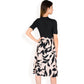 High Neck Short Sleeve Dress with Contrast Leaf Print A-Line Skirt and Tie Waist