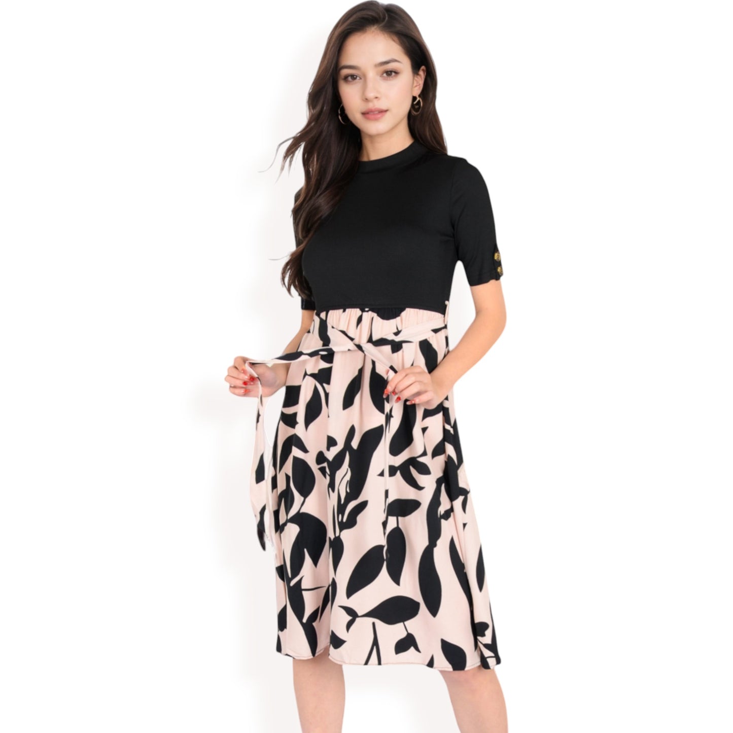 High Neck Short Sleeve Dress with Contrast Leaf Print A-Line Skirt and Tie Waist