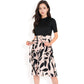 High Neck Short Sleeve Dress with Contrast Leaf Print A-Line Skirt and Tie Waist