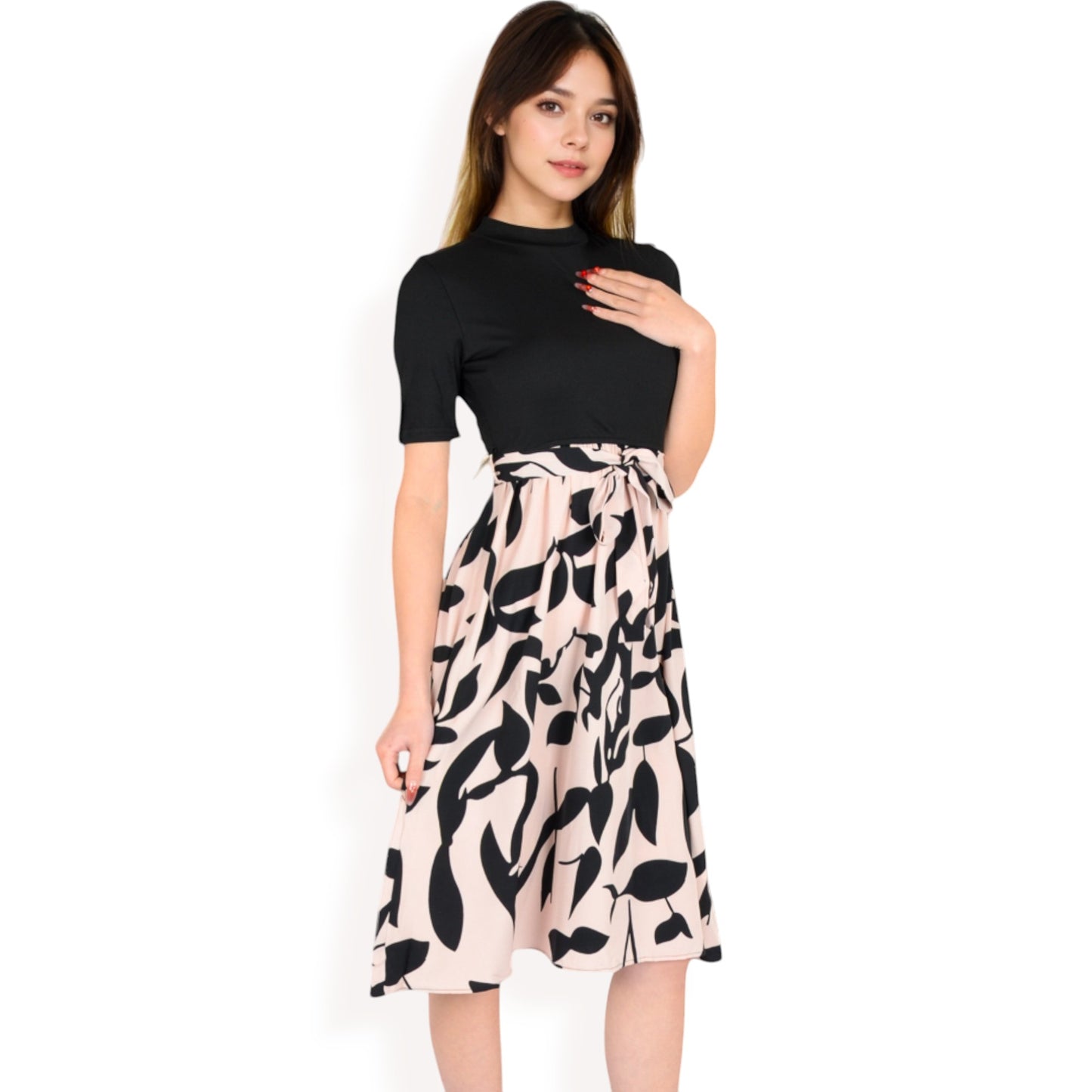 High Neck Short Sleeve Dress with Contrast Leaf Print A-Line Skirt and Tie Waist