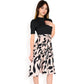 High Neck Short Sleeve Dress with Contrast Leaf Print A-Line Skirt and Tie Waist