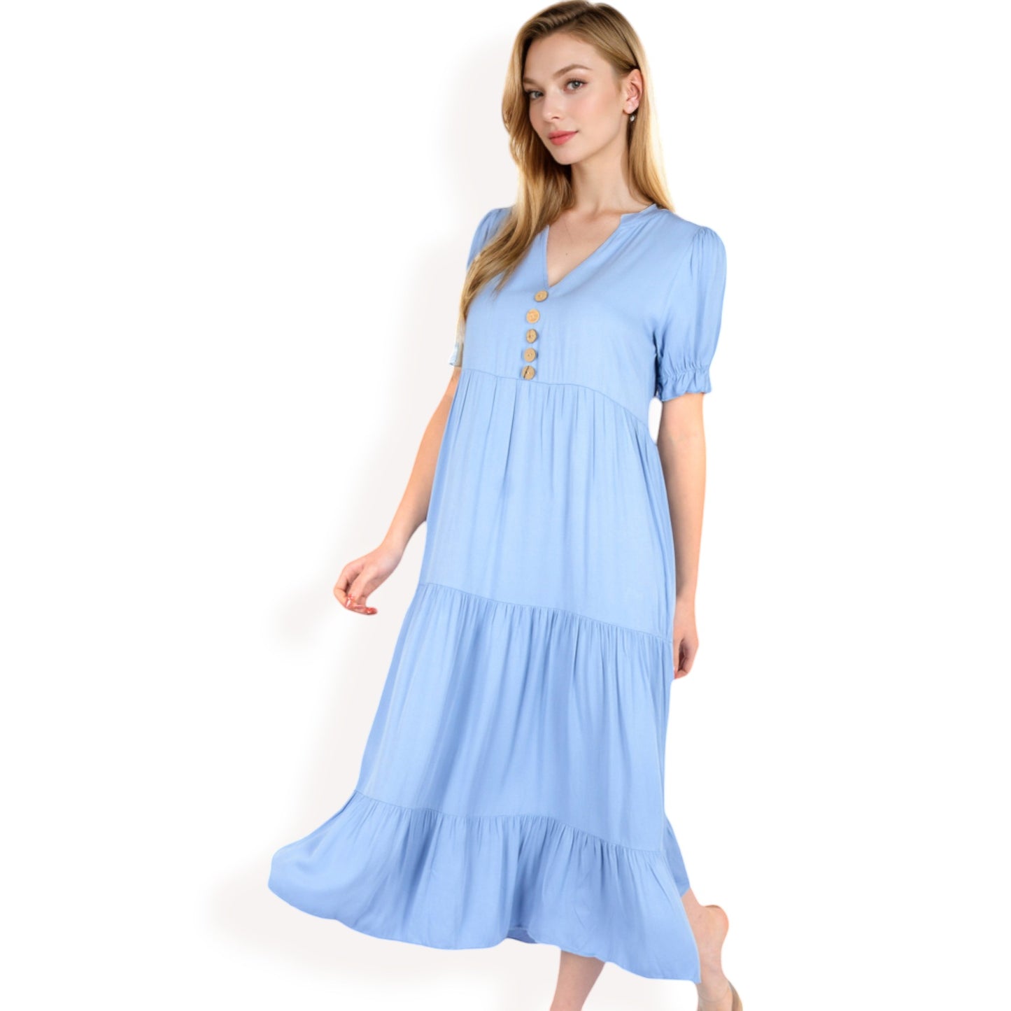 Puff Sleeve Tiered Midi Dress with Button Front Detail and Smocked Cuffs