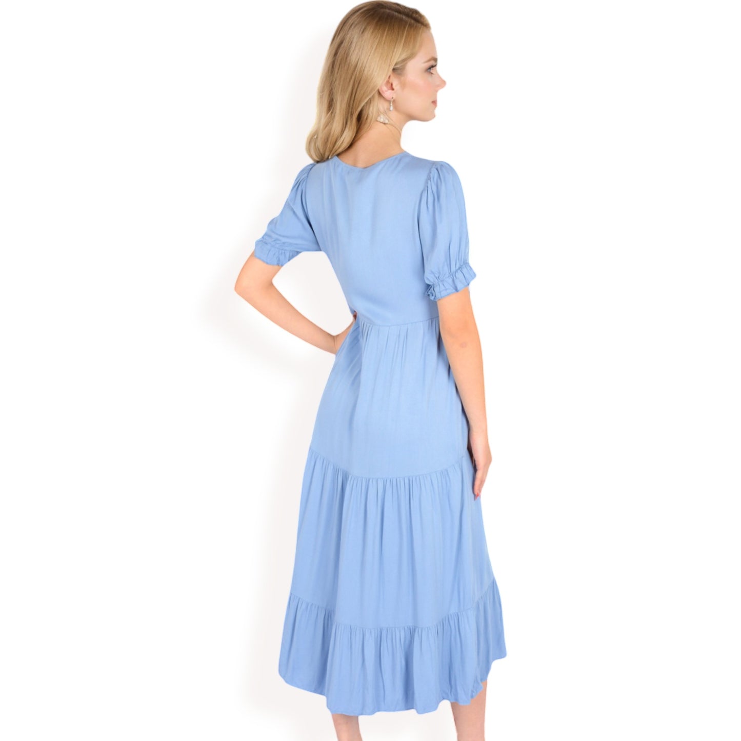 Puff Sleeve Tiered Midi Dress with Button Front Detail and Smocked Cuffs
