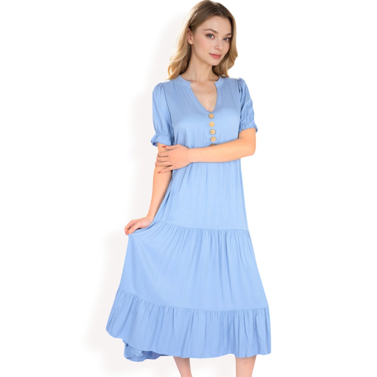 Puff Sleeve Tiered Midi Dress with Button Front Detail and Smocked Cuffs
