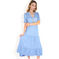 Puff Sleeve Tiered Midi Dress with Button Front Detail and Smocked Cuffs