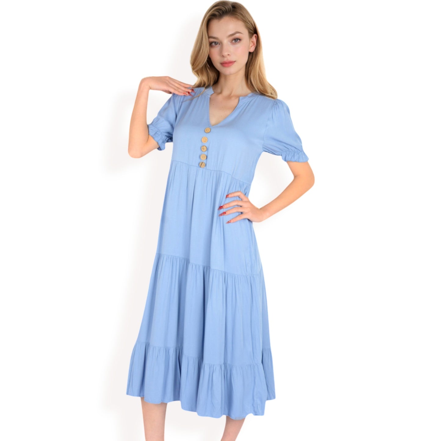 Puff Sleeve Tiered Midi Dress with Button Front Detail and Smocked Cuffs