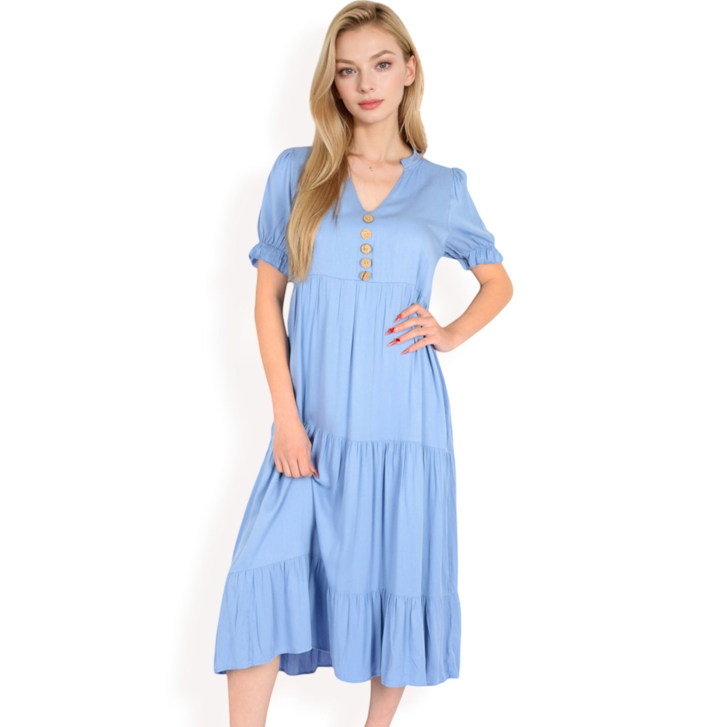 Puff Sleeve Tiered Midi Dress with Button Front Detail and Smocked Cuffs