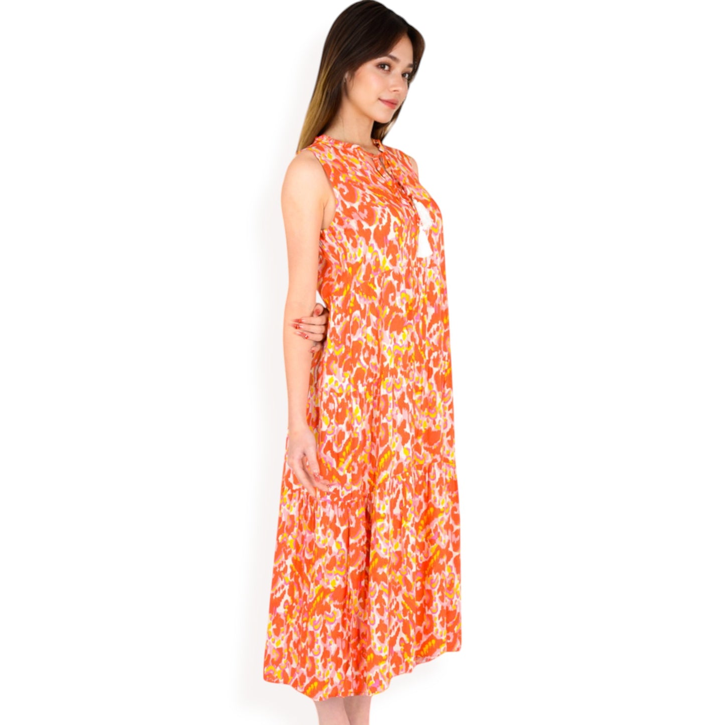 Sleeveless Tiered Maxi Dress with Vibrant Abstract Print and Tassel Tie Detail