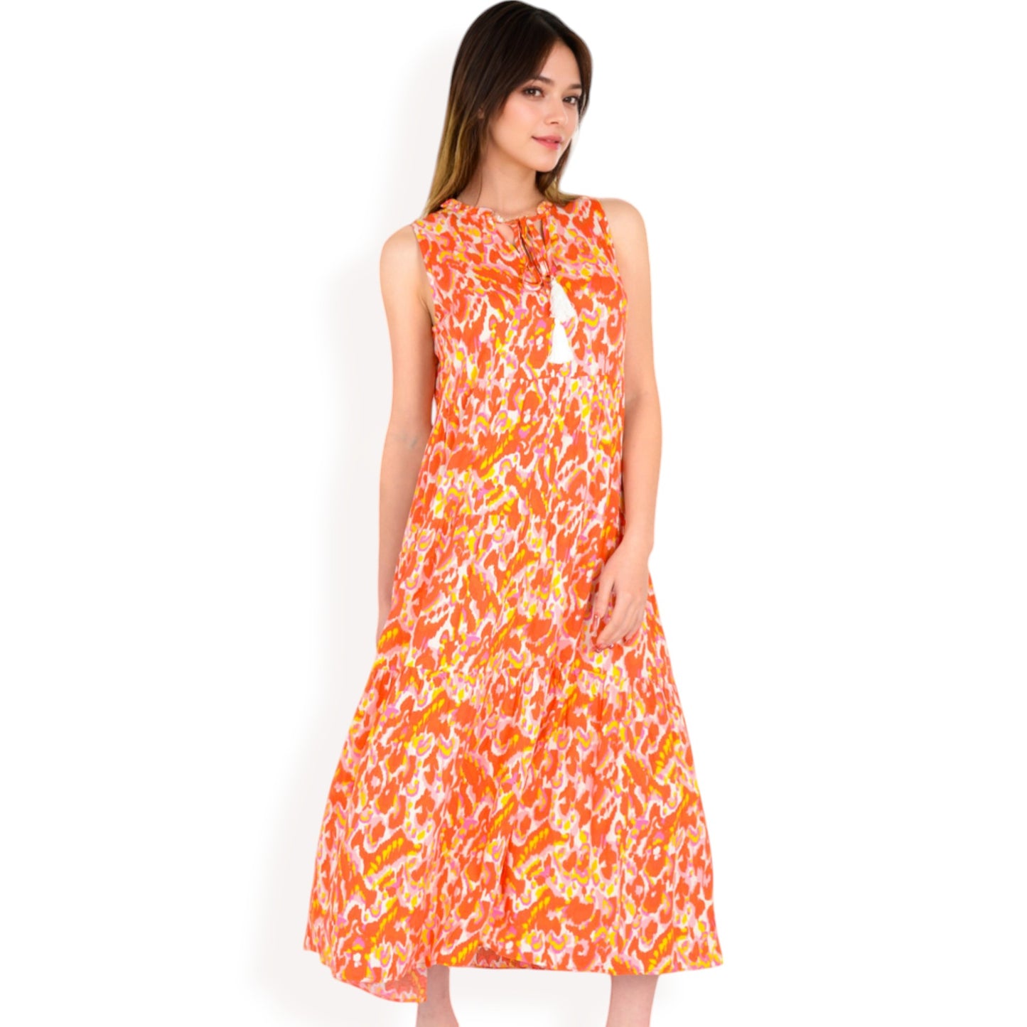 Sleeveless Tiered Maxi Dress with Vibrant Abstract Print and Tassel Tie Detail