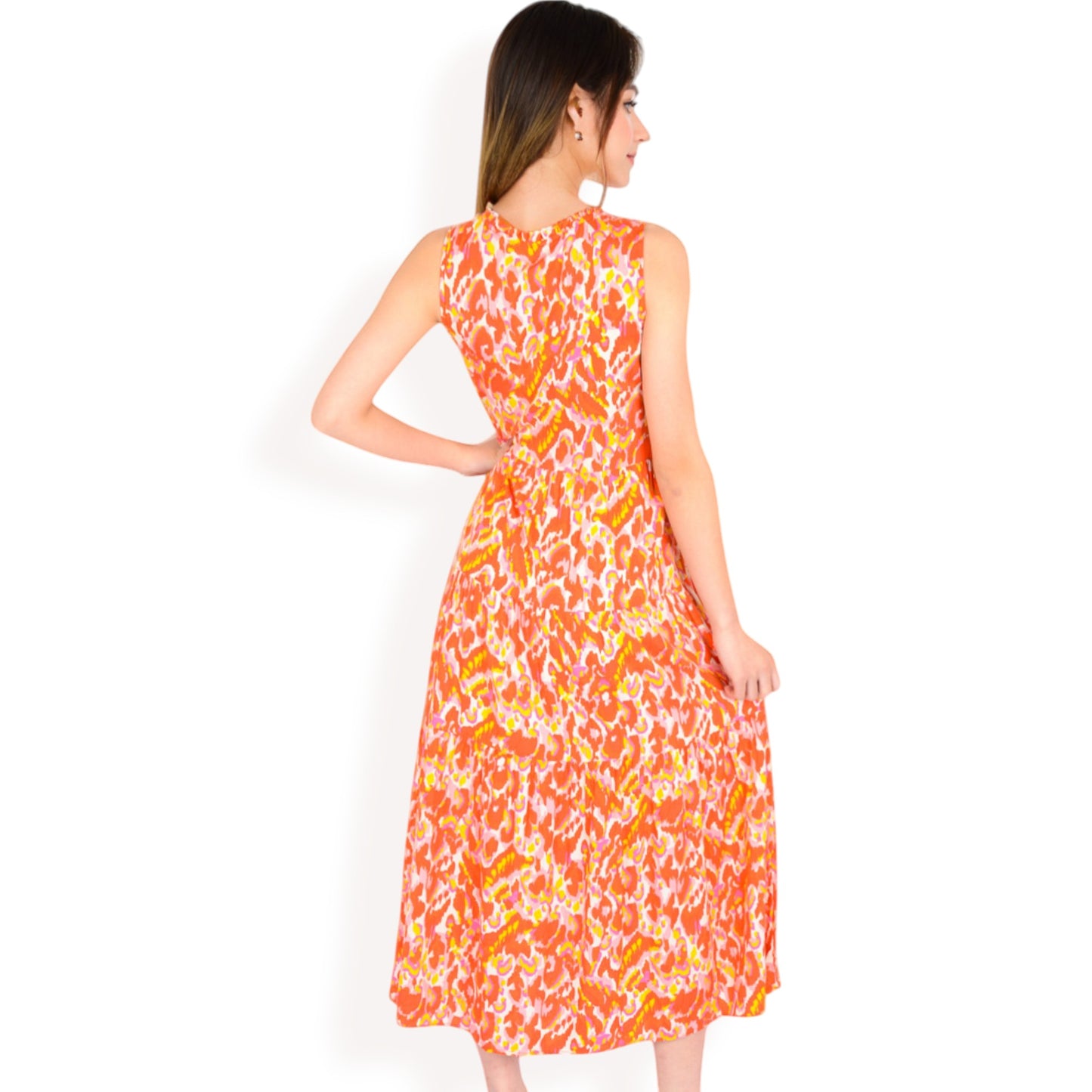 Sleeveless Tiered Maxi Dress with Vibrant Abstract Print and Tassel Tie Detail