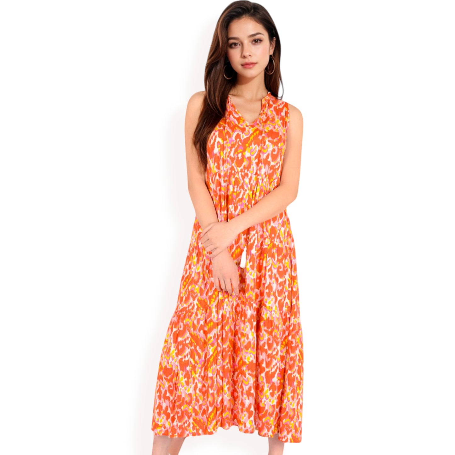 Sleeveless Tiered Maxi Dress with Vibrant Abstract Print and Tassel Tie Detail