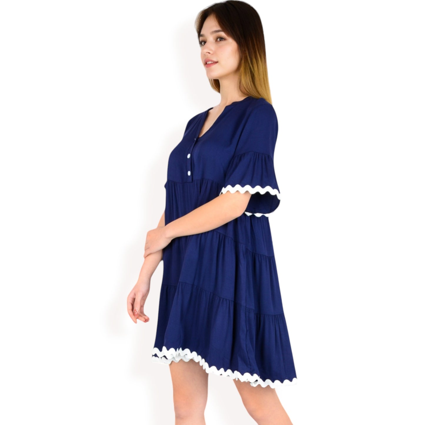 Tiered Mini Dress with Button Front Flutter Sleeves Contrast Trim Details