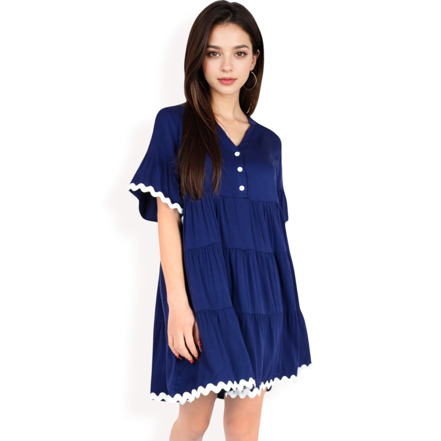 Tiered Mini Dress with Button Front Flutter Sleeves Contrast Trim Details